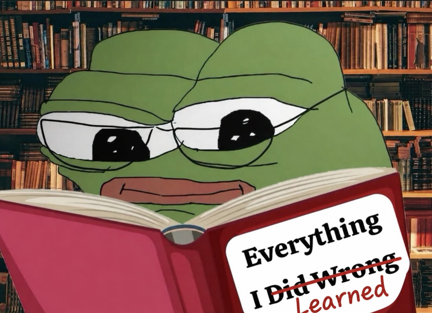 Illustration reading Everything I Did Wrong Learned over a book held by Pepe.